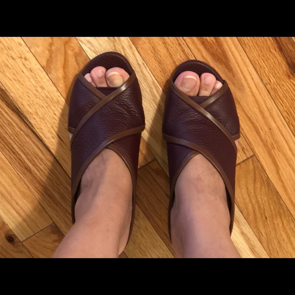 Burgundy sandals.